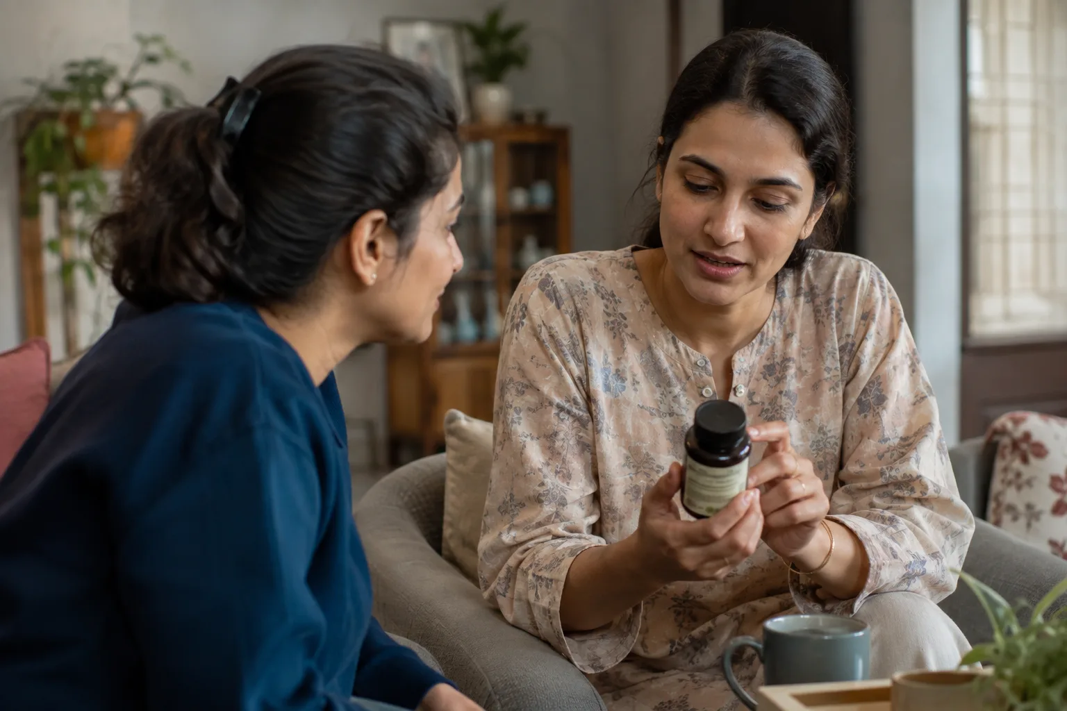 Two women sit together on a sofa at home while one shows the other a small bottle she uses