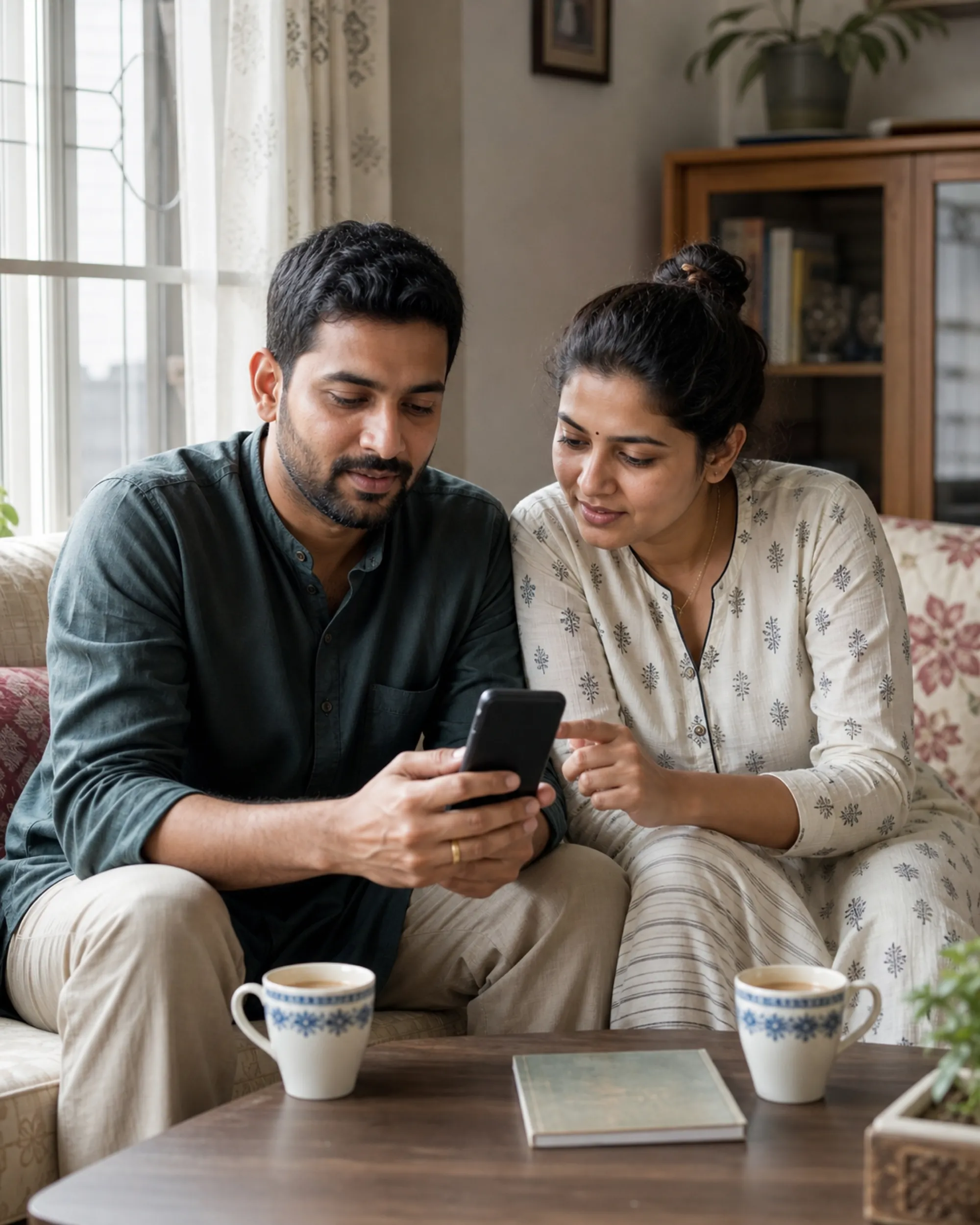 A couple sit together on their sofa over tea, weighing a choice on one phone